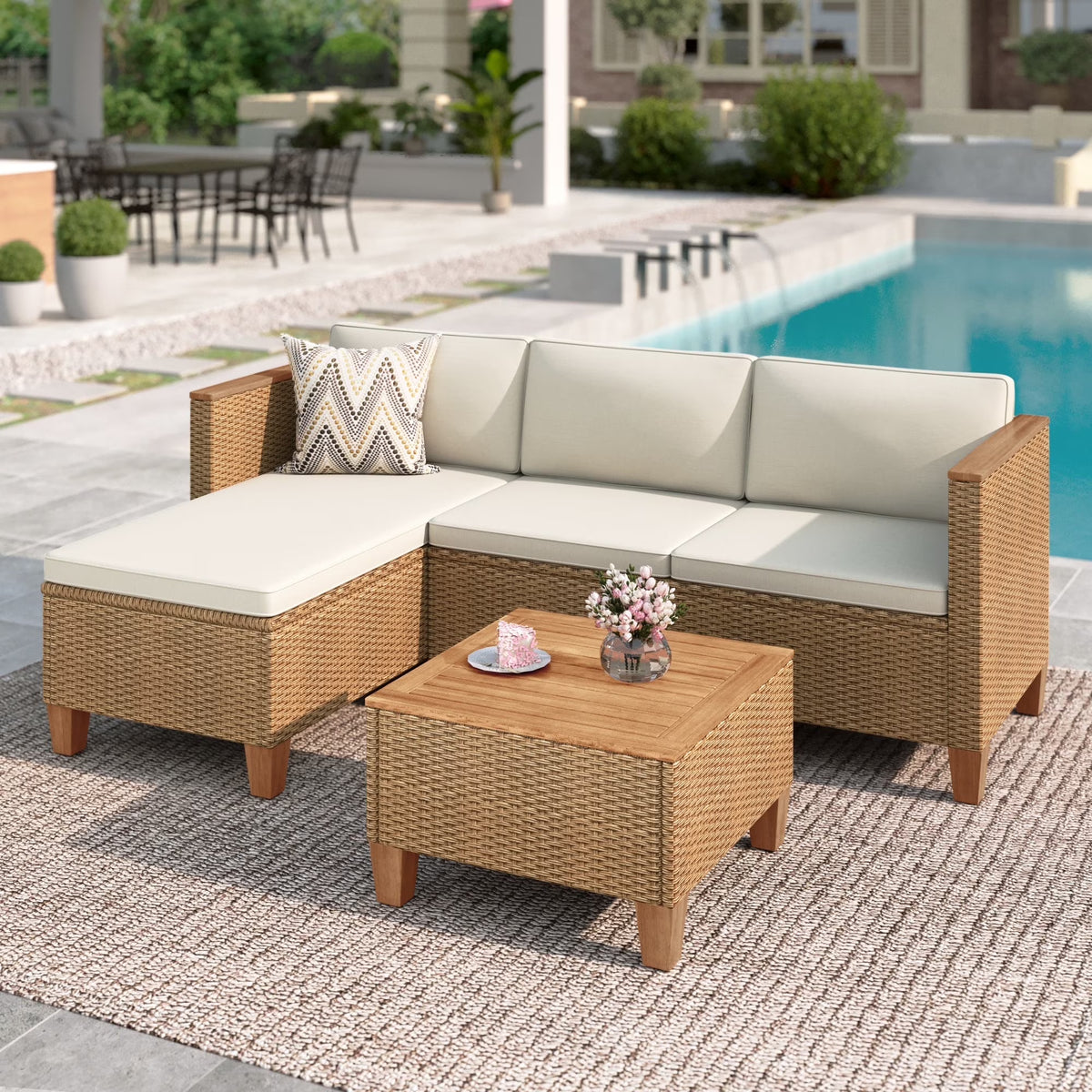 Ensemble de salon de jardin 3 pièces MF Studio, canapé d’angle modulable en résine tressée toutes saisons avec table et coussins, beige