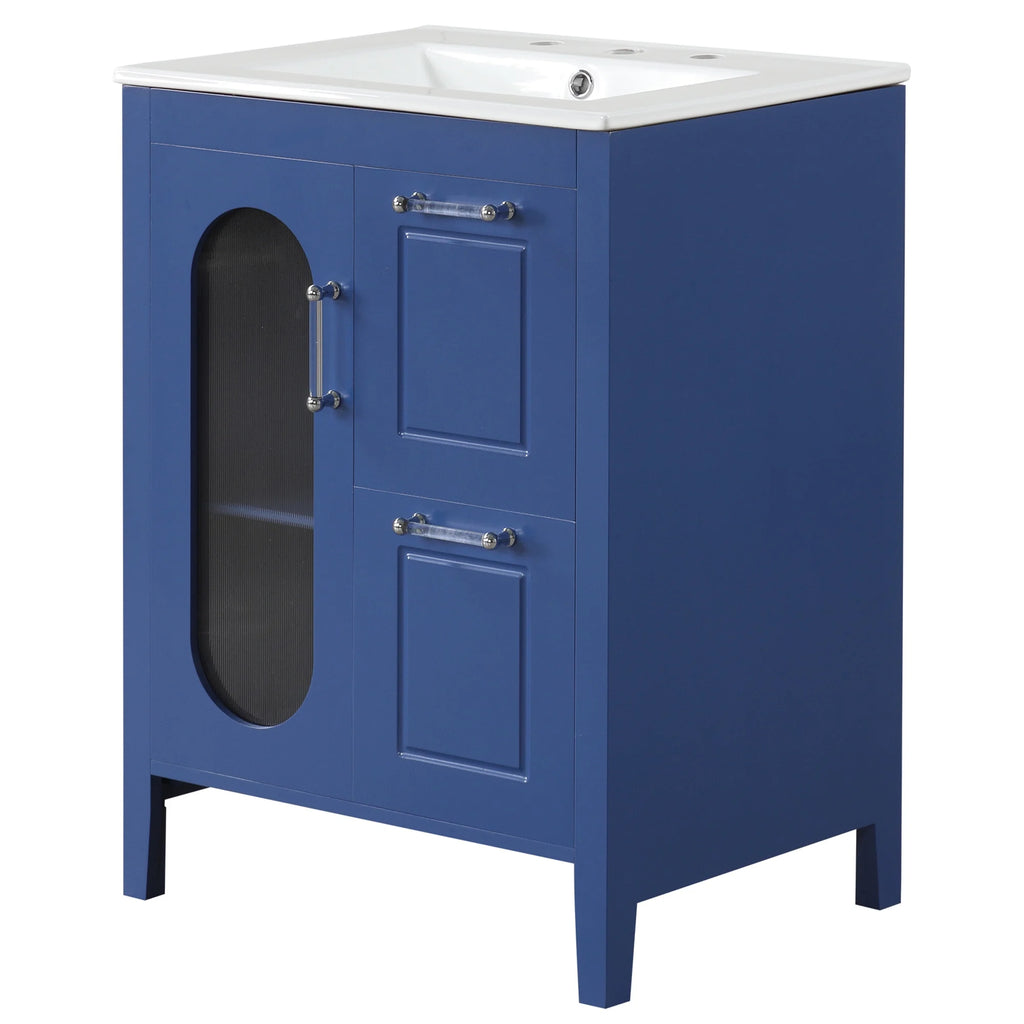 Meuble-lavabo Soges 24 avec vasque en céramique, meuble de toilette en bois massif avec porte, étagère réglable et 2 tiroirs, ensemble lavabo simple autoportant pour petite salle de bains, blanc