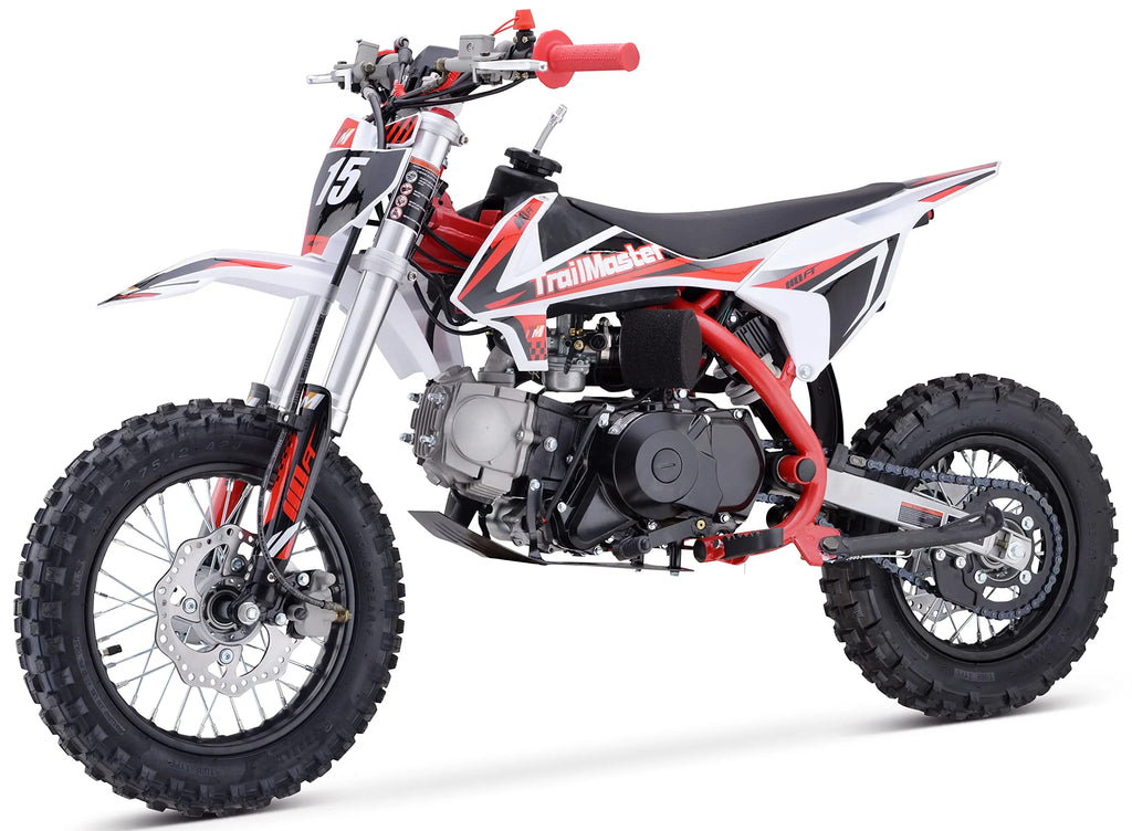 Moto tout-terrain Trailmaster TM15 110 cc semi-automatique à 4 vitesses, hauteur de selle de 24,21 pouces, freins à disque, cadre à double triangulation (rouge)