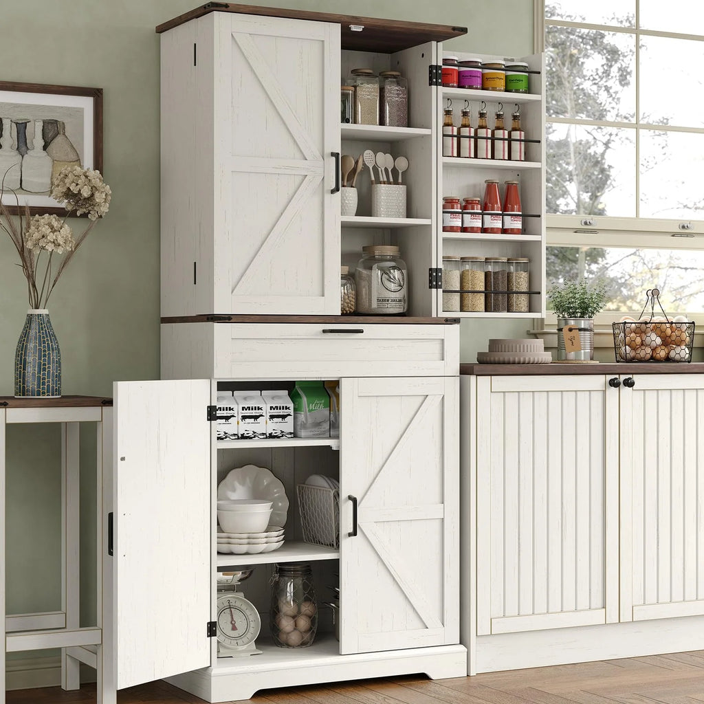 FUSOU Armoire de rangement de cuisine 72'', Armoire haute avec 8 étagères de porte, 2 placards et 1 tiroir, Meuble autoportant pour cuisine, salle à manger, salle de bain, buanderie