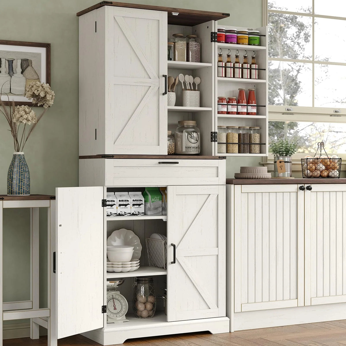 FUSOU Armoire de rangement de cuisine 72'', Armoire haute avec 8 étagères de porte, 2 placards et 1 tiroir, Meuble autoportant pour cuisine, salle à manger, salle de bain, buanderie