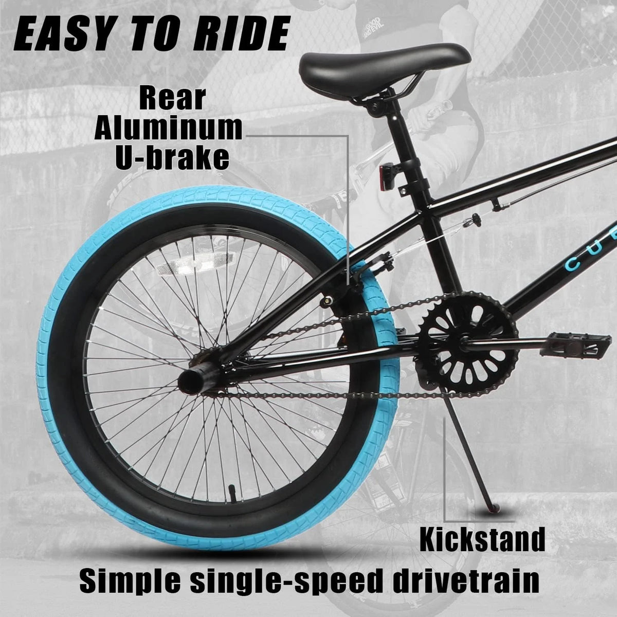 cubsala 20 Vélo BMX Freestyle pour enfants de 6 à 14 ans, garçons et filles, avec 4 cales, noir avec pneus rouges