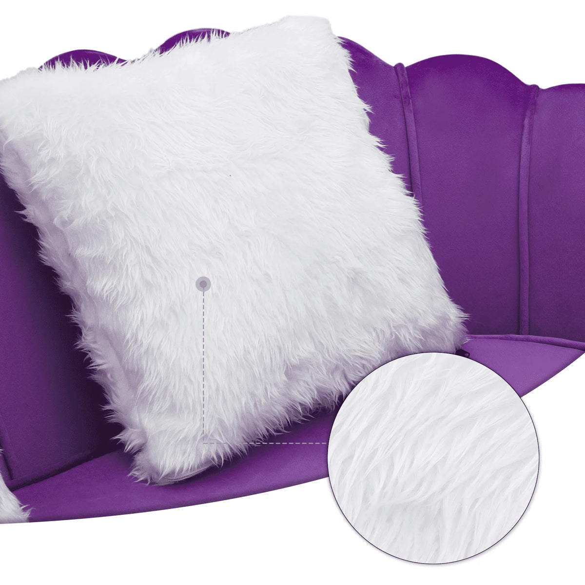 Canapé 2 places contemporain MoNiBloom en velours avec pieds en métal finition dorée, avec deux coussins pour salon, chambre, bureau à domicile, violet