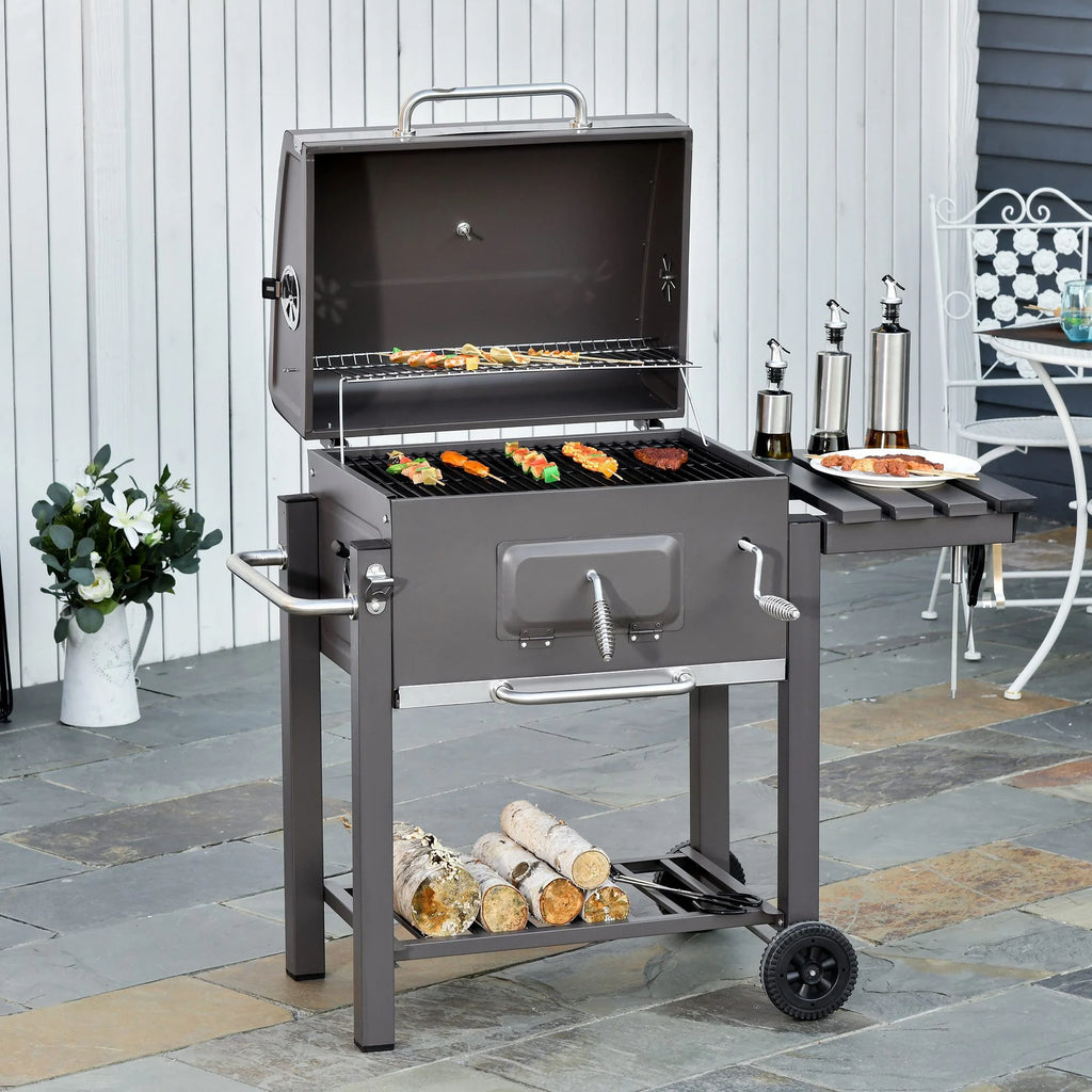 Barbecue à charbon portable Outsunny, en acier inoxydable, avec thermomètre et brûleur latéral, gris