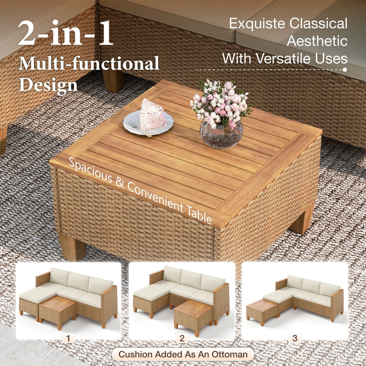 Ensemble de salon de jardin 3 pièces MF Studio, canapé d’angle modulable en résine tressée toutes saisons avec table et coussins, beige