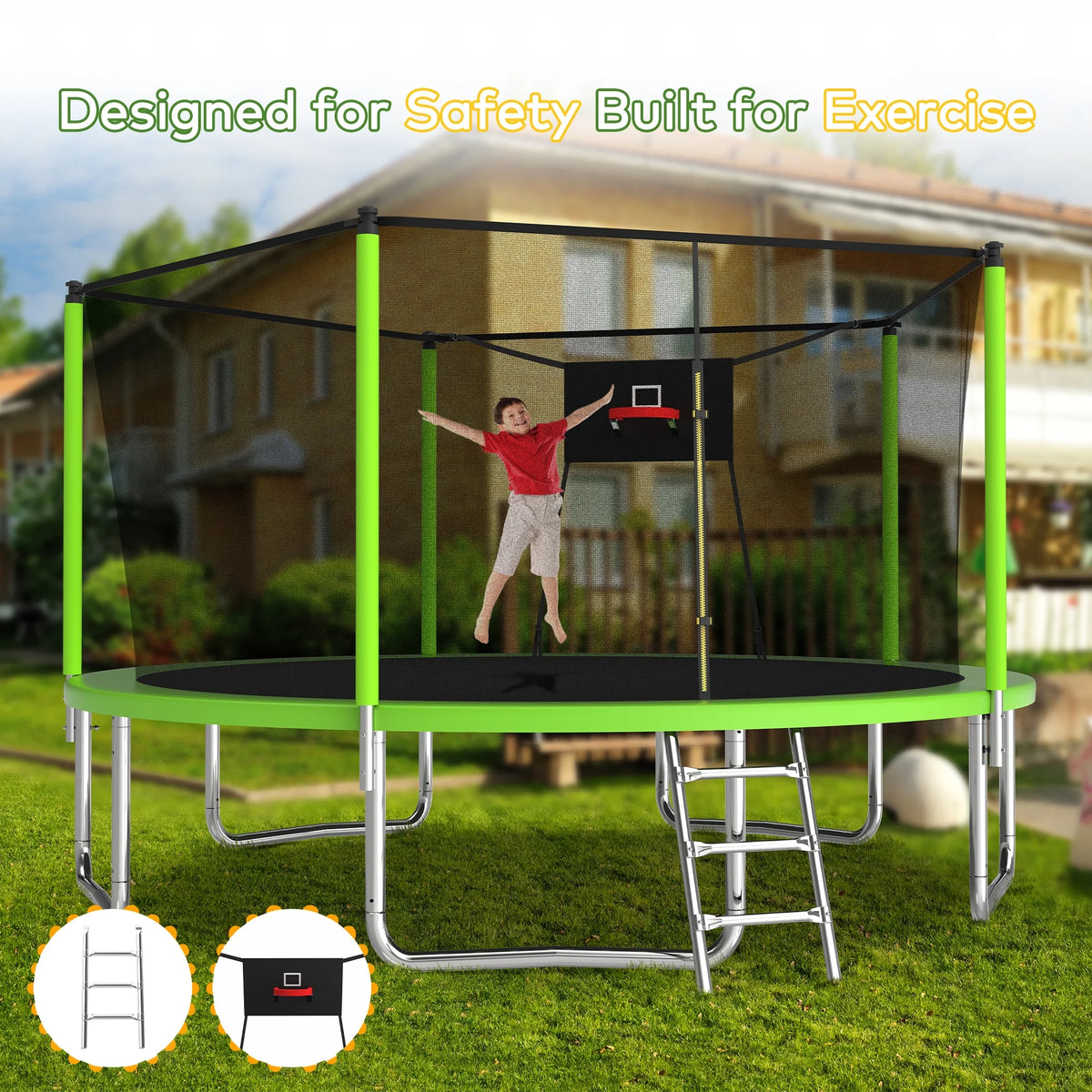 Trampoline de 14 pieds avec panier de basket, trampoline d'extérieur avec filet de protection, bleu