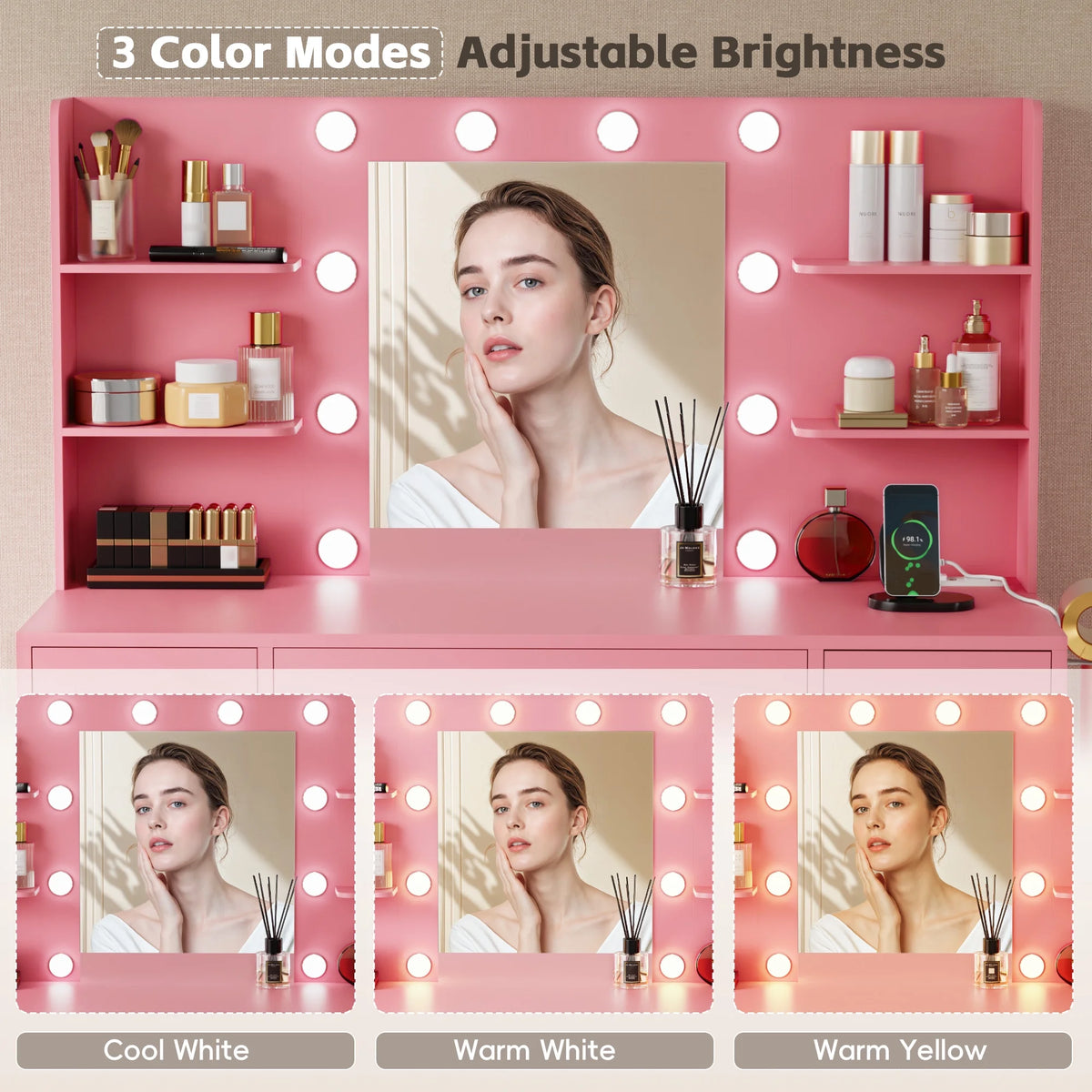 Coiffeuse Lacoo avec miroir et éclairage LED, coiffeuse de maquillage avec 7 tiroirs et 4 étagères, table de toilette avec prise électrique pour chambre ou dressing, blanc
