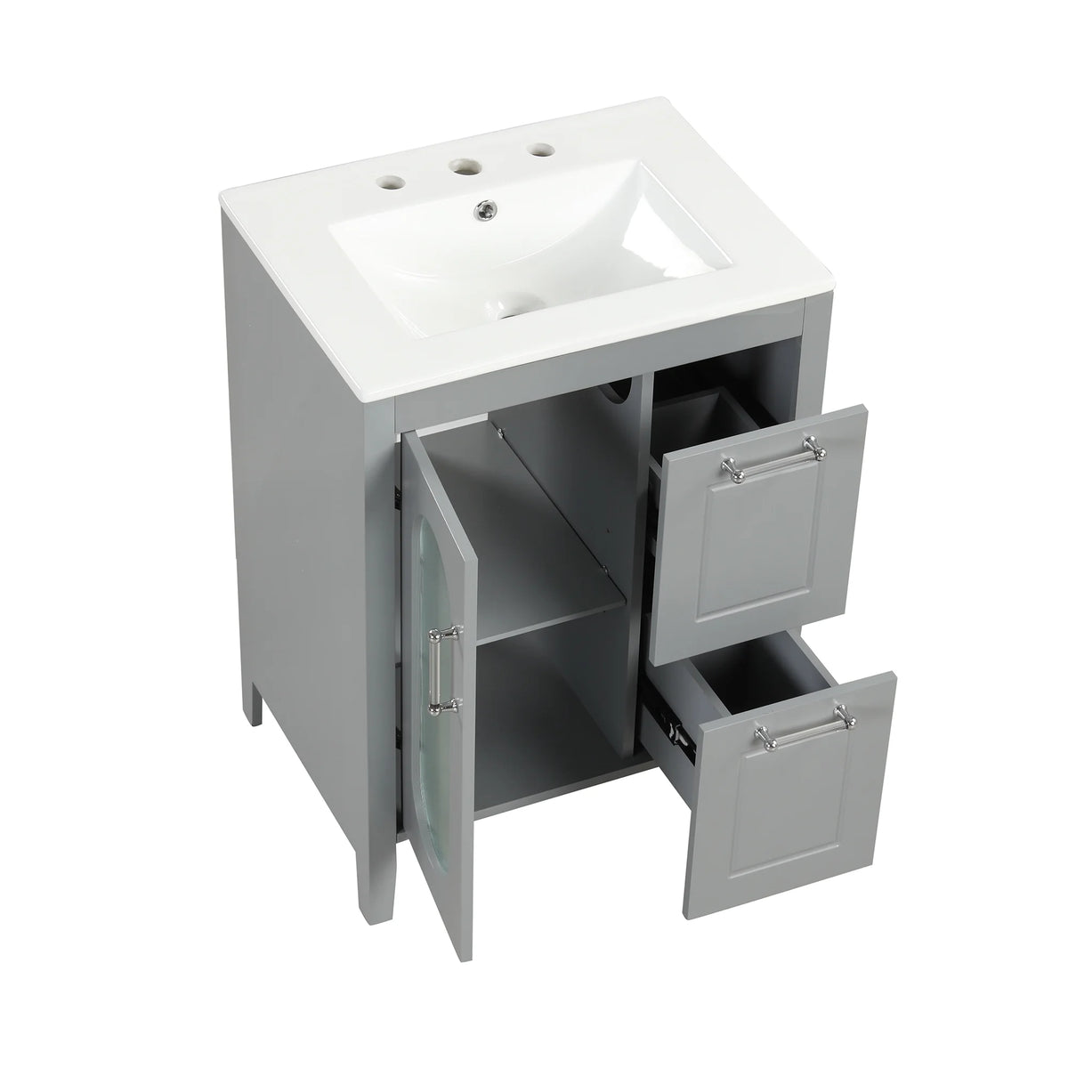 Meuble-lavabo Soges 24 avec vasque en céramique, meuble de toilette en bois massif avec porte, étagère réglable et 2 tiroirs, ensemble lavabo simple autoportant pour petite salle de bains, blanc