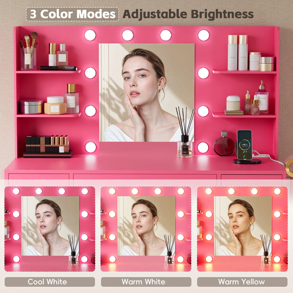 Coiffeuse Lacoo avec miroir et éclairage LED, coiffeuse de maquillage avec 7 tiroirs et 4 étagères, table de toilette avec prise électrique pour chambre ou dressing, blanc