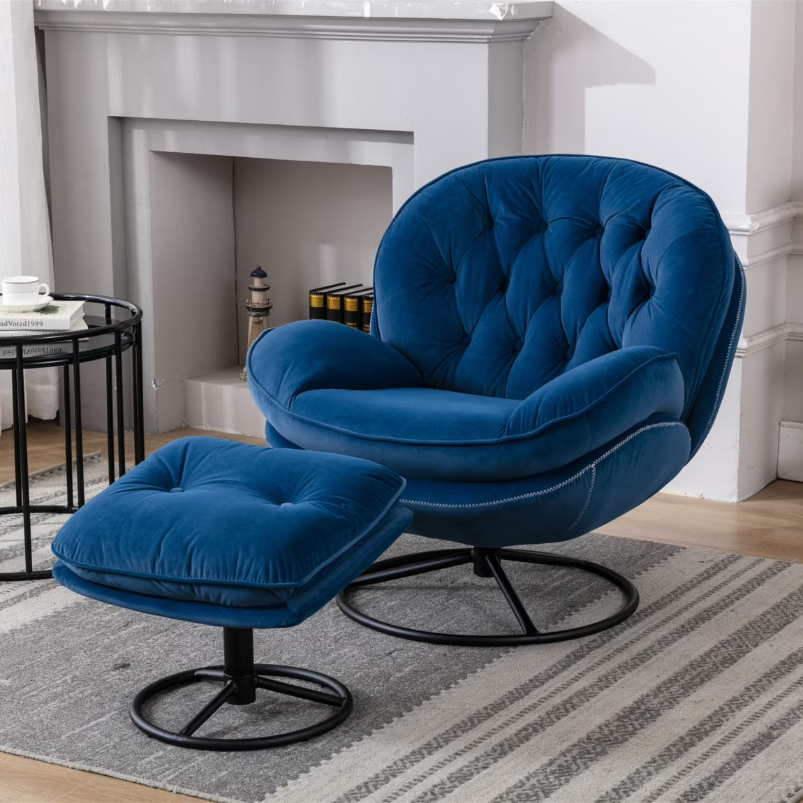 Fauteuil d'appoint pivotant en velours avec pouf, fauteuil méridienne moderne avec structure en métal et repose-pieds, fauteuil confortable pour la lecture, salon, chambre, bureau, bleu