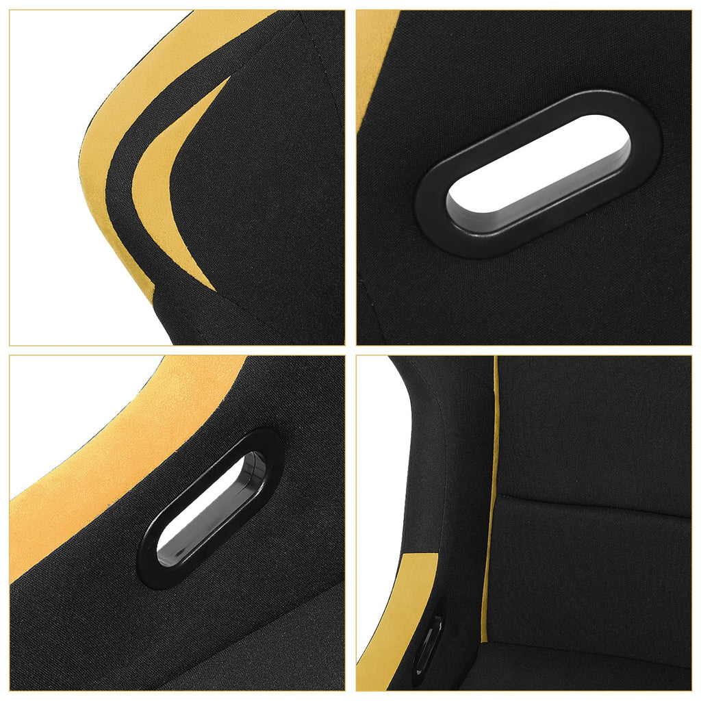 Paire de sièges baquets de course universels J2 Engineering, noirs et jaunes, en fibre de verre, design ergonomique avec supports de montage latéraux