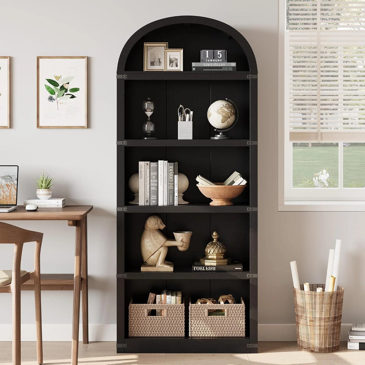 Bibliothèque à 5 étagères avec arche, 182 cm de haut, meuble de rangement et d’exposition de style rustique en bois pour bureau, salon ou maison (blanc)