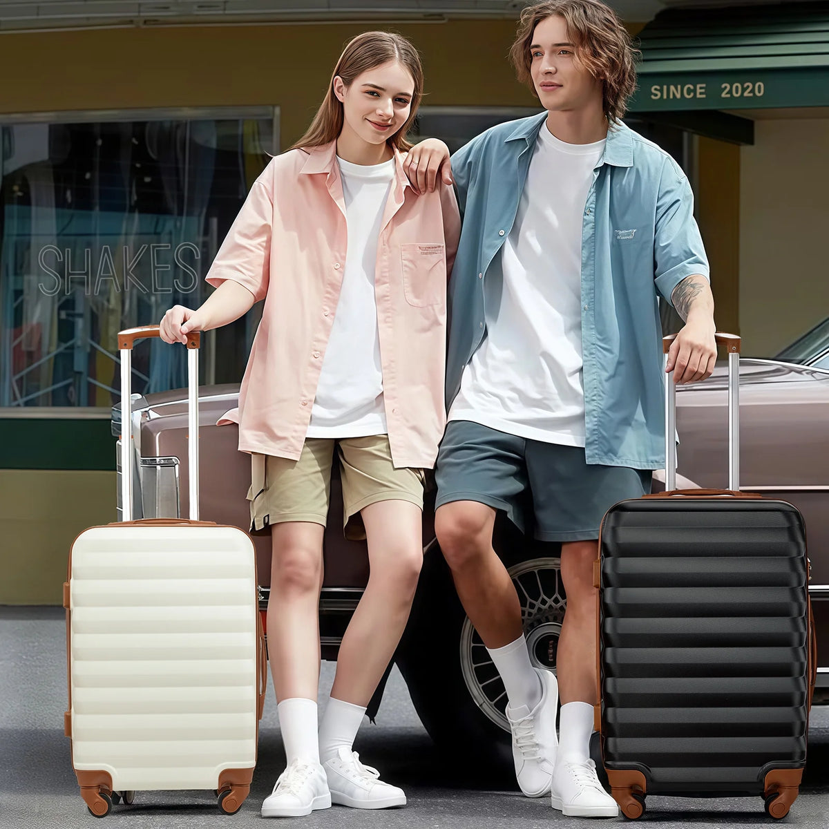 Ensemble de 9 pièces comprenant 3 valises rigides de 20, 24 et 28 pouces, 6 sacs de rangement et valises de voyage à roulettes, rose
