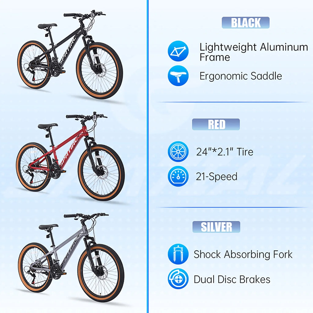 Vélo tout-terrain SPATIAL 24 pouces pour adolescents, VTT 21 vitesses, cadre en aluminium et doubles freins à disque
