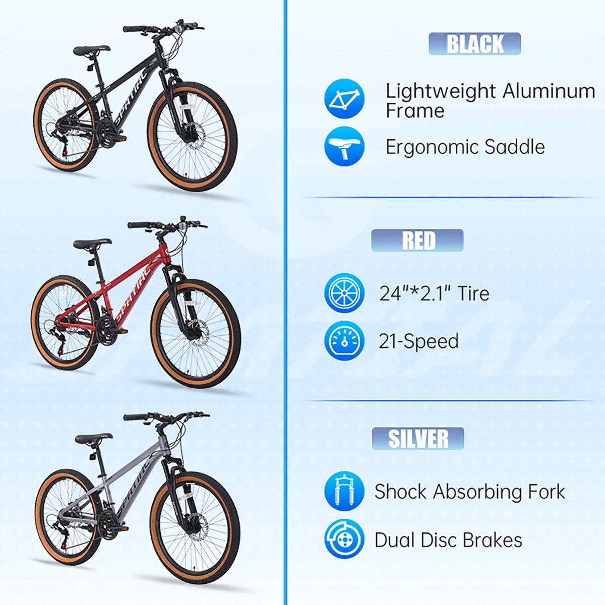 Vélo tout-terrain SPATIAL 24 pouces pour adolescents, VTT 21 vitesses, cadre en aluminium et doubles freins à disque