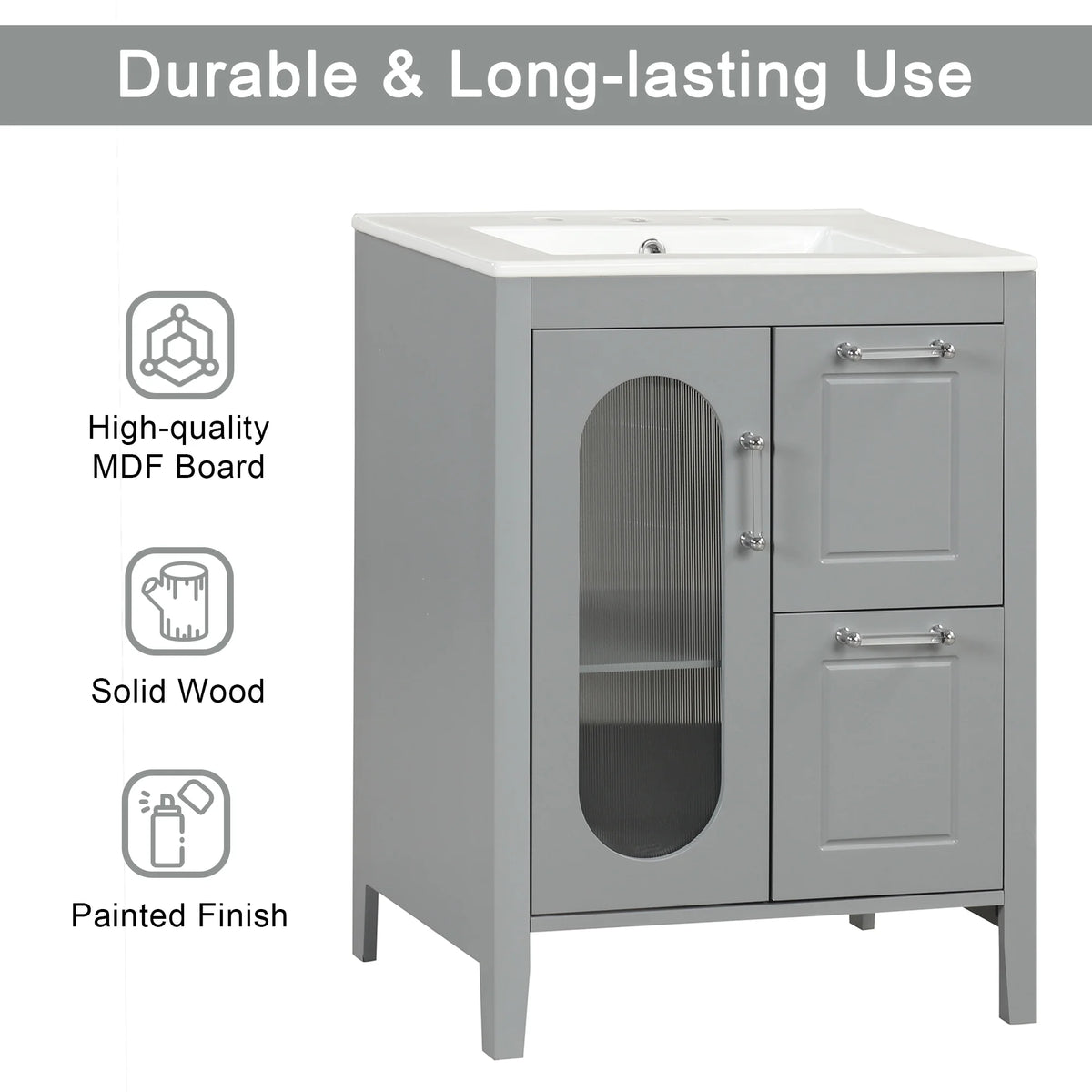 Meuble-lavabo Soges 24 avec vasque en céramique, meuble de toilette en bois massif avec porte, étagère réglable et 2 tiroirs, ensemble lavabo simple autoportant pour petite salle de bains, blanc