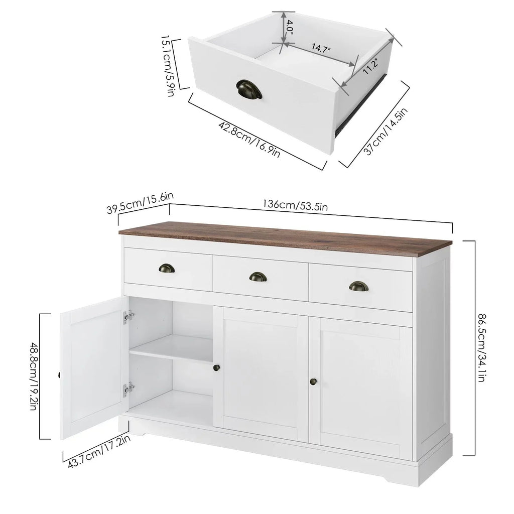 Homfa Buffet avec 3 Tiroirs & 3 Portes, Meuble Buffet de 135,9 cm de Large pour Salle à Manger, Blanc