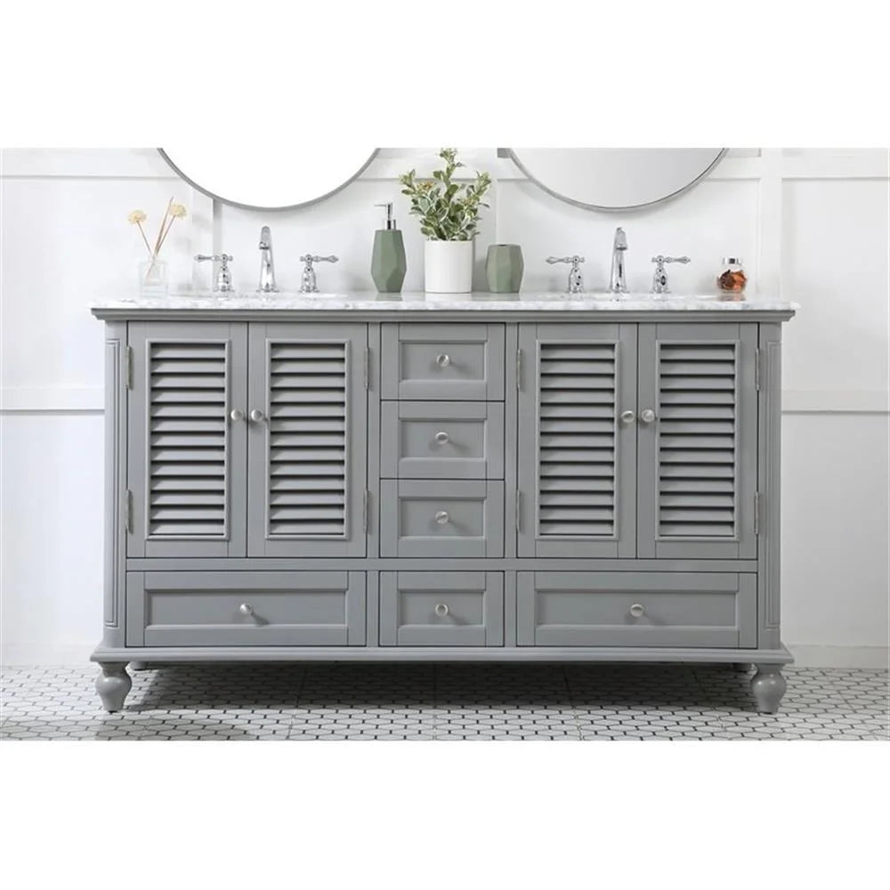 Meuble-lavabo double élégant de 60 pouces pour salle de bain, blanc antique