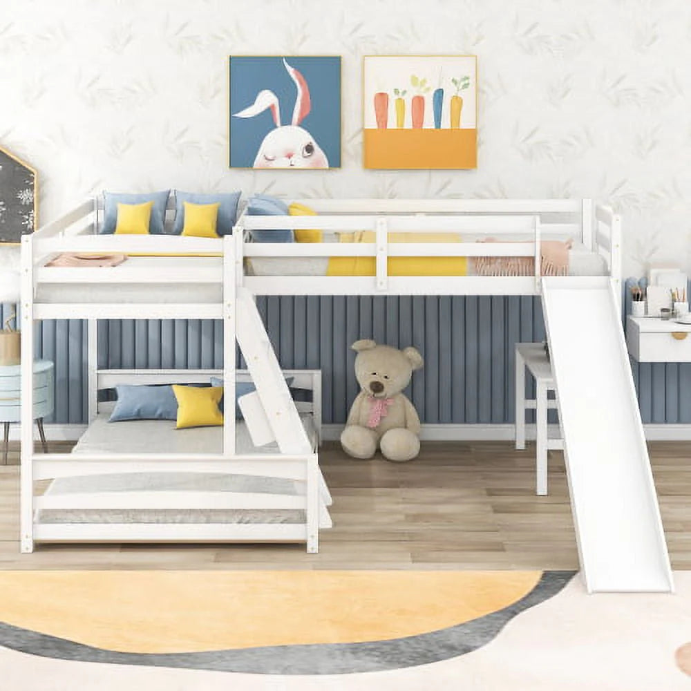 Lit superposé triple en L pour 5 personnes, lit superposé simple sur double et lit mezzanine simple avec bureau intégré, toboggan et barrière de sécurité sur toute la longueur, blanc