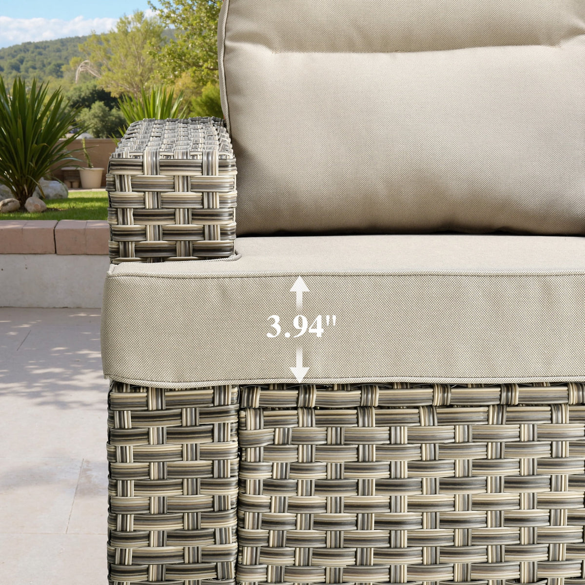 Ovios Salon de jardin modulable moderne en résine tressée toutes saisons à dossier haut, 10 pièces, avec table brasero au propane et fauteuil pivotant, gris foncé