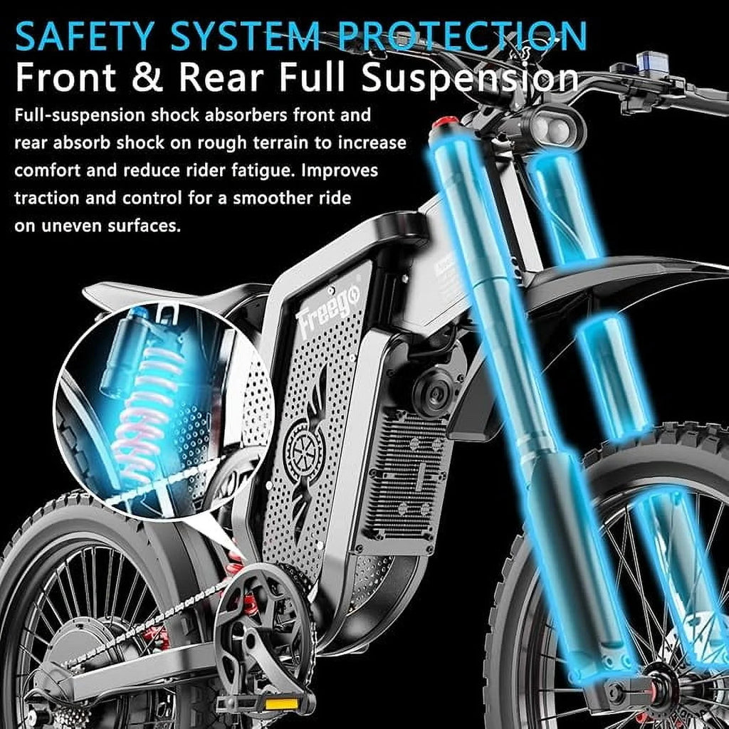 Moto électrique Freego X2Pro pour adultes avec moteur de 6 000 W (crête), batterie 60 V/30 Ah, vélo électrique tout-terrain de 80 km/h à 7 vitesses, suspension intégrale 19x2, frein hydraulique à quatre pistons, UL2849MTB