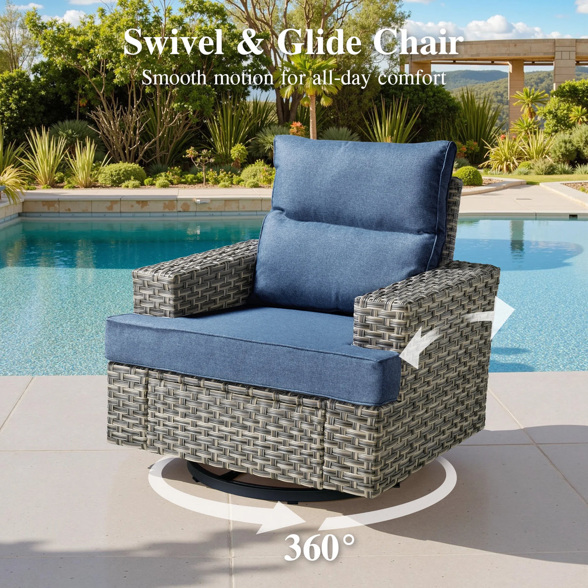 Ovios Salon de jardin modulable moderne en résine tressée toutes saisons à dossier haut, 10 pièces, avec table brasero au propane et fauteuil pivotant, gris foncé