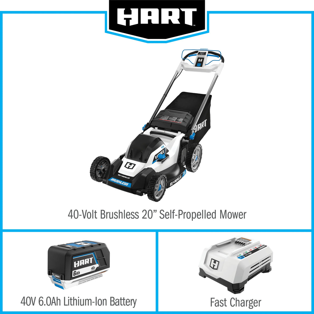 Kit de tondeuse autotractée sans balais HART 40 volts de 20 pouces, (1) batterie lithium-ion 6,0 Ah