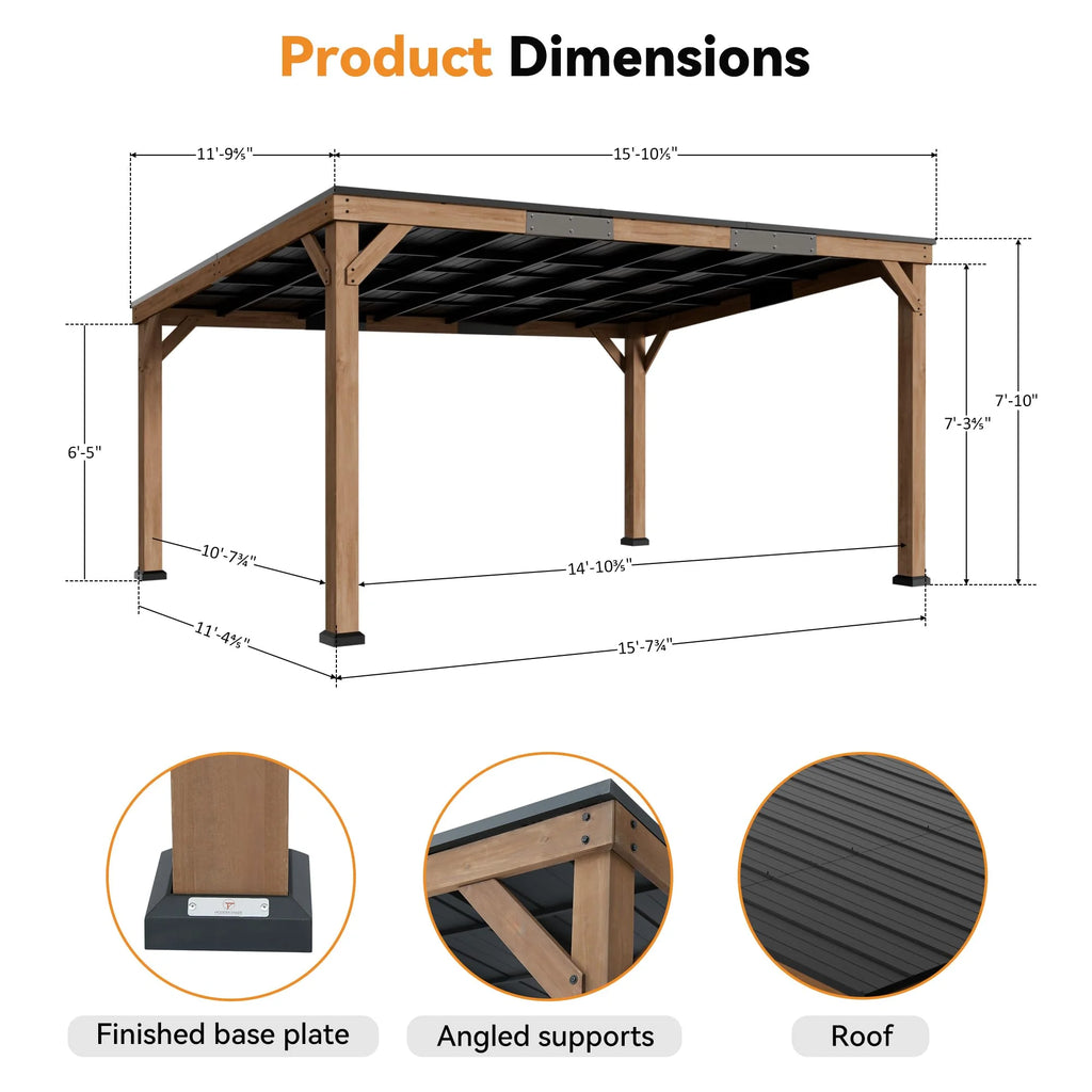 Tonnelle moderne haut de gamme en bois de cèdre 12' x 16' avec toit incliné rigide, tonnelle en bois avec grille, durable et résistante à la pourriture, supporte les charges de neige et les vents violents