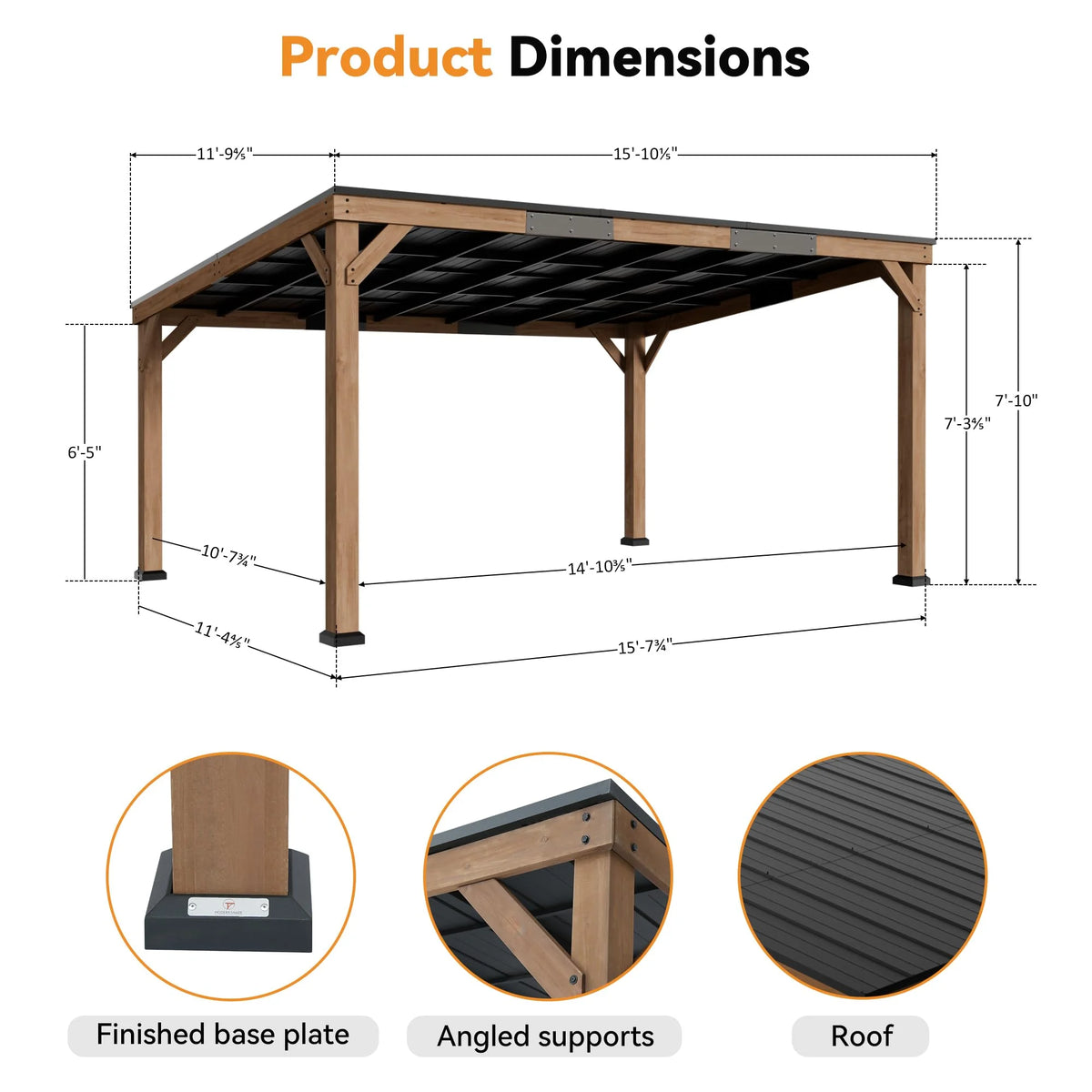 Tonnelle moderne haut de gamme en bois de cèdre 12' x 16' avec toit incliné rigide, tonnelle en bois avec grille, durable et résistante à la pourriture, supporte les charges de neige et les vents violents