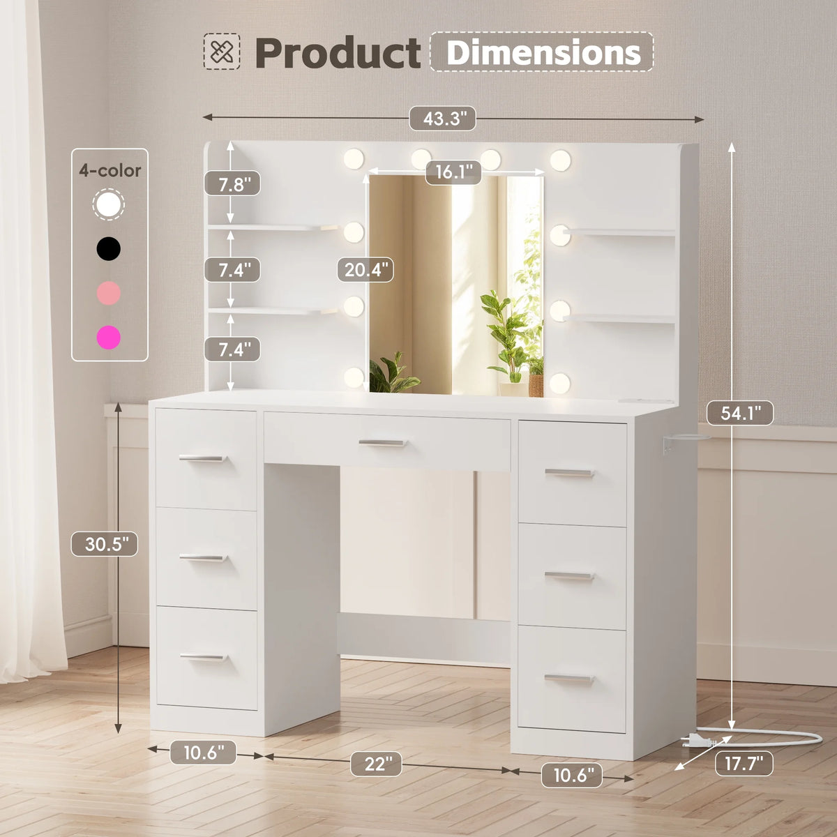 Coiffeuse Lacoo avec miroir et éclairage LED, coiffeuse de maquillage avec 7 tiroirs et 4 étagères, table de toilette avec prise électrique pour chambre ou dressing, blanc