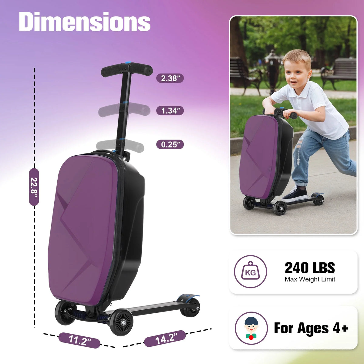 Valise à roulettes Advwin pour enfants et adultes, valise rigide sur laquelle les enfants de 4 à 15 ans peuvent rouler, bagage cabine multifonction léger et pliable avec roulettes, pour enfants et adolescents, rose