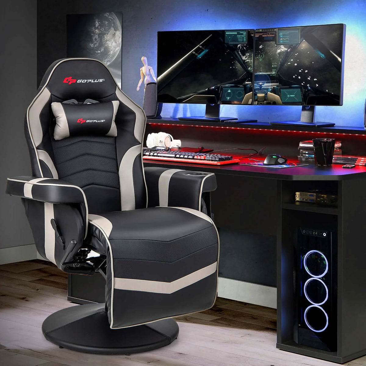 Fauteuil gaming inclinable Goplus avec massage, réglable en hauteur, pivotant, style racing, avec porte-gobelet, rouge