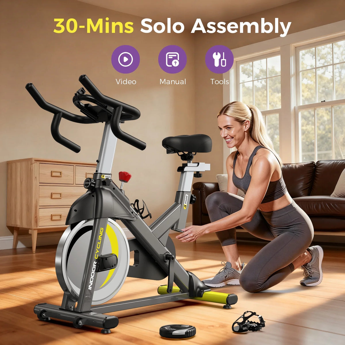 Vélo d’appartement Pooboo, vélo d’intérieur avec résistance réglable pour le domicile ou le bureau, appareil de cardio-training supportant jusqu’à 159 kg