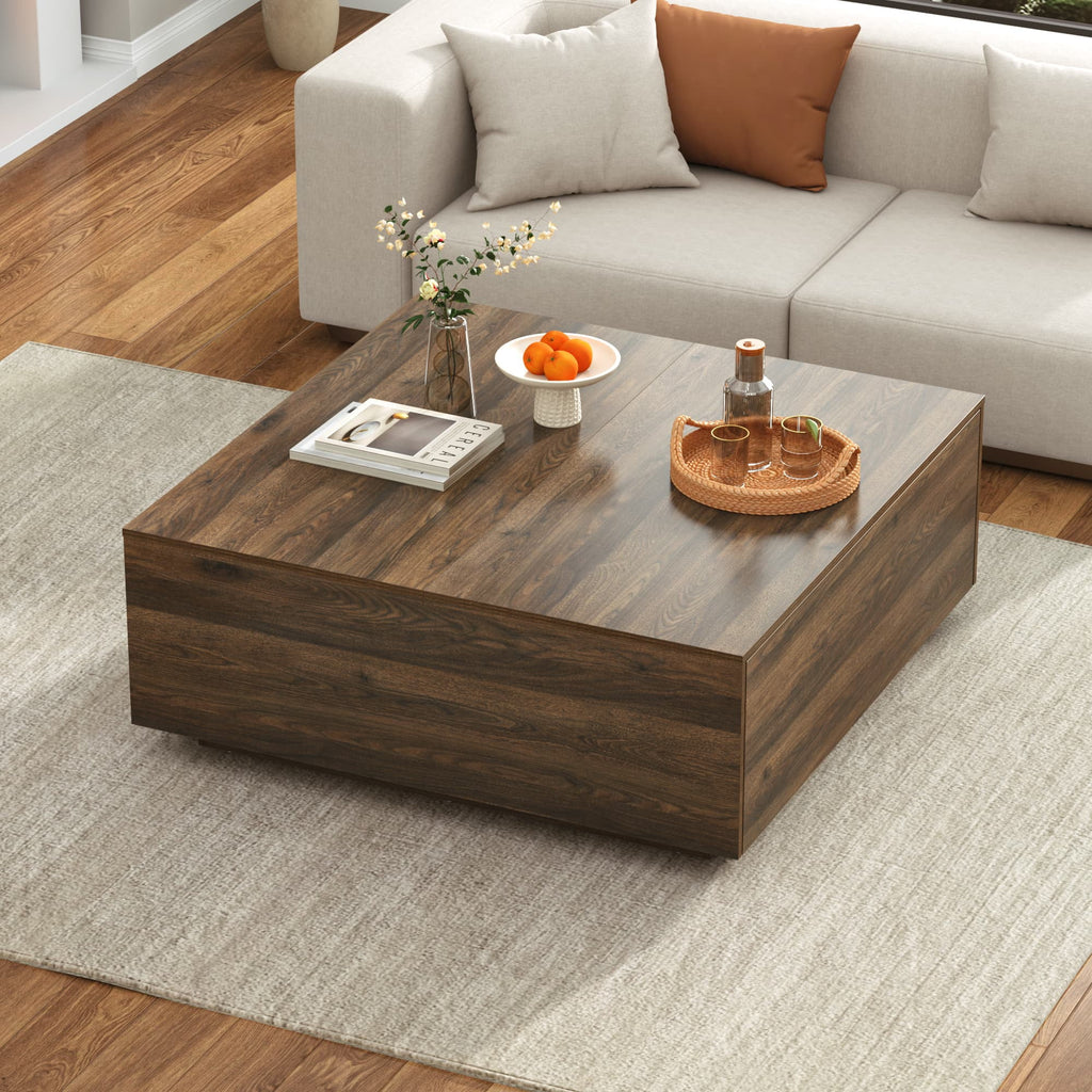 Table basse carrée Blotout avec 2 grands tiroirs, table basse Mid-Century Modern de 43 avec rangement, table basse en bois, table de salon avec rangement, grain de bois