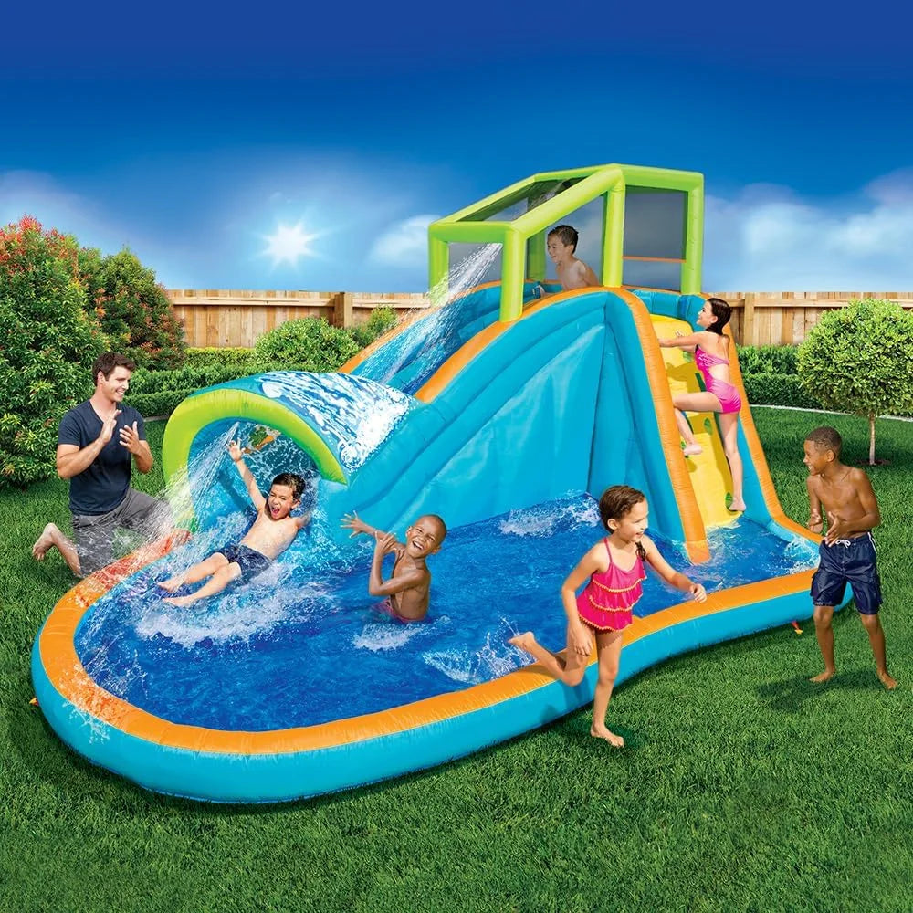 Toboggan aquatique gonflable Banzai - Grande piscine pour enfants (4,27 m de long par 2,44 m de haut) avec jet d'eau et mur d'eau intégrés - Jeu d'extérieur estival ultra résistant