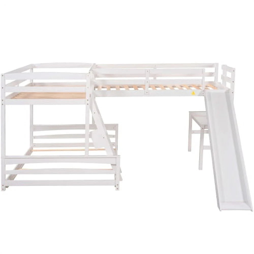 Lit superposé triple en L pour 5 personnes, lit superposé simple sur double et lit mezzanine simple avec bureau intégré, toboggan et barrière de sécurité sur toute la longueur, blanc