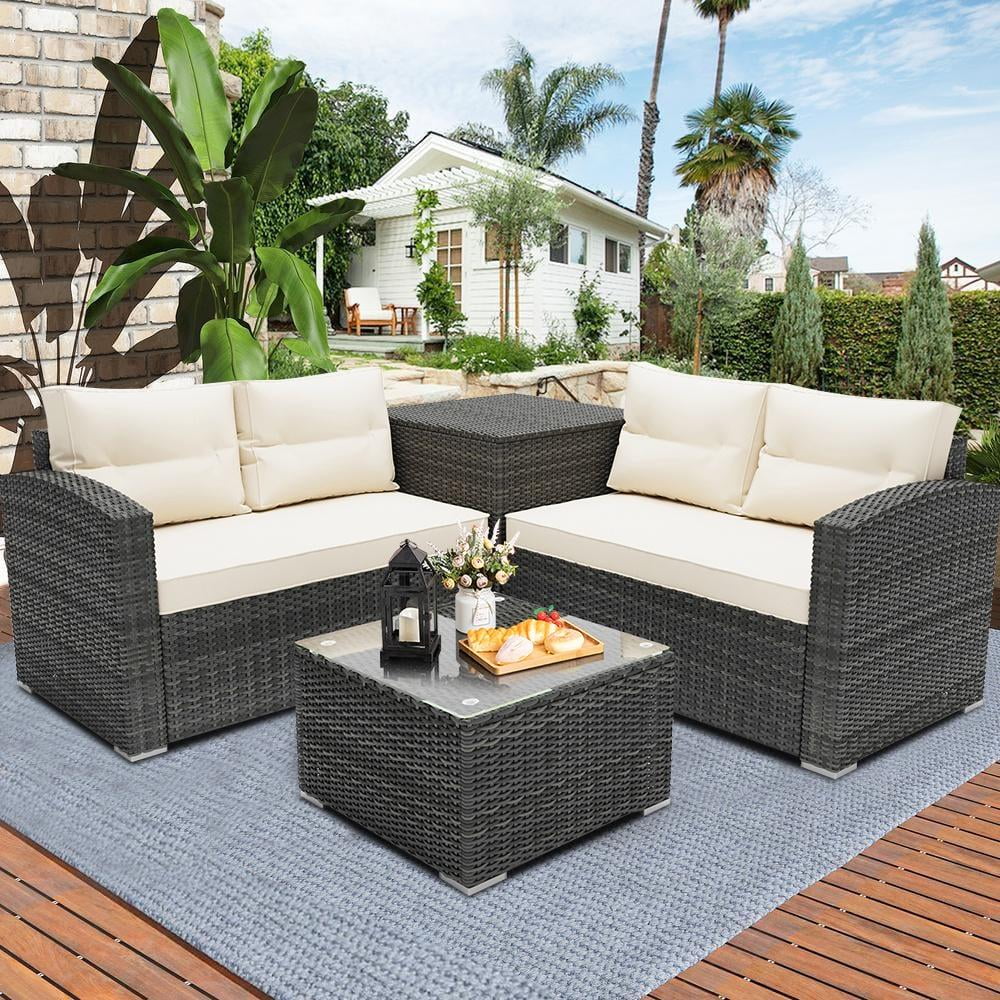 Ensemble de canapés de jardin en rotin, 4 pièces, salon d’angle d’extérieur en résine tressée PE résistante aux intempéries, ensemble de conversation avec coussins et table en verre pour terrasse, jardin, bord de piscine ou deck