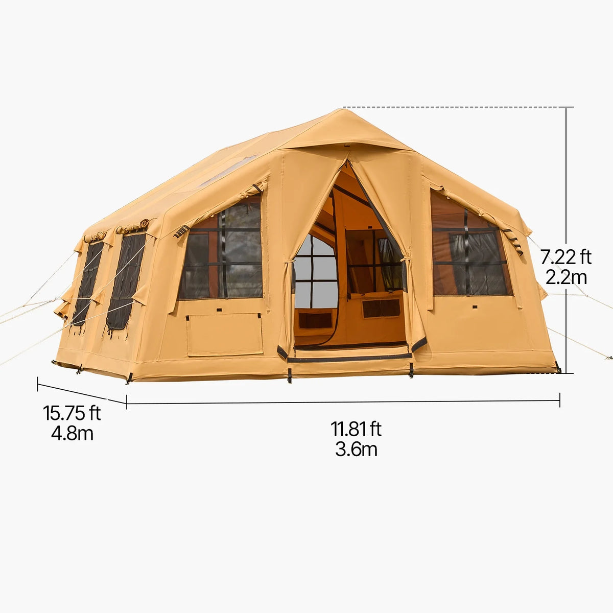 Tente gonflable KFFKFF pour le camping, 15,75 x 11,81 x 7,22 pi, tente gonflable de glamping pour 8 à 12 personnes, abri de camping gonflable, tente de vie en plein air avec deux puits de lumière et une sortie de cheminée