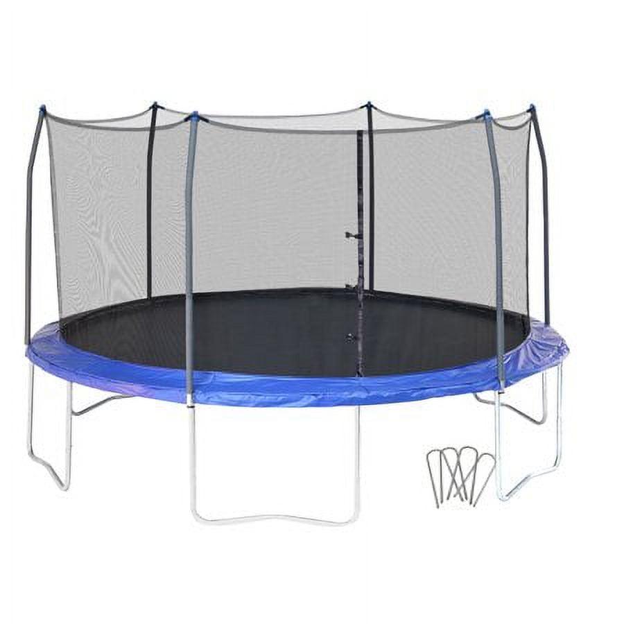 Trampoline rond Skywalker de 16 pieds avec filet et piquets coupe-vent - Bleu