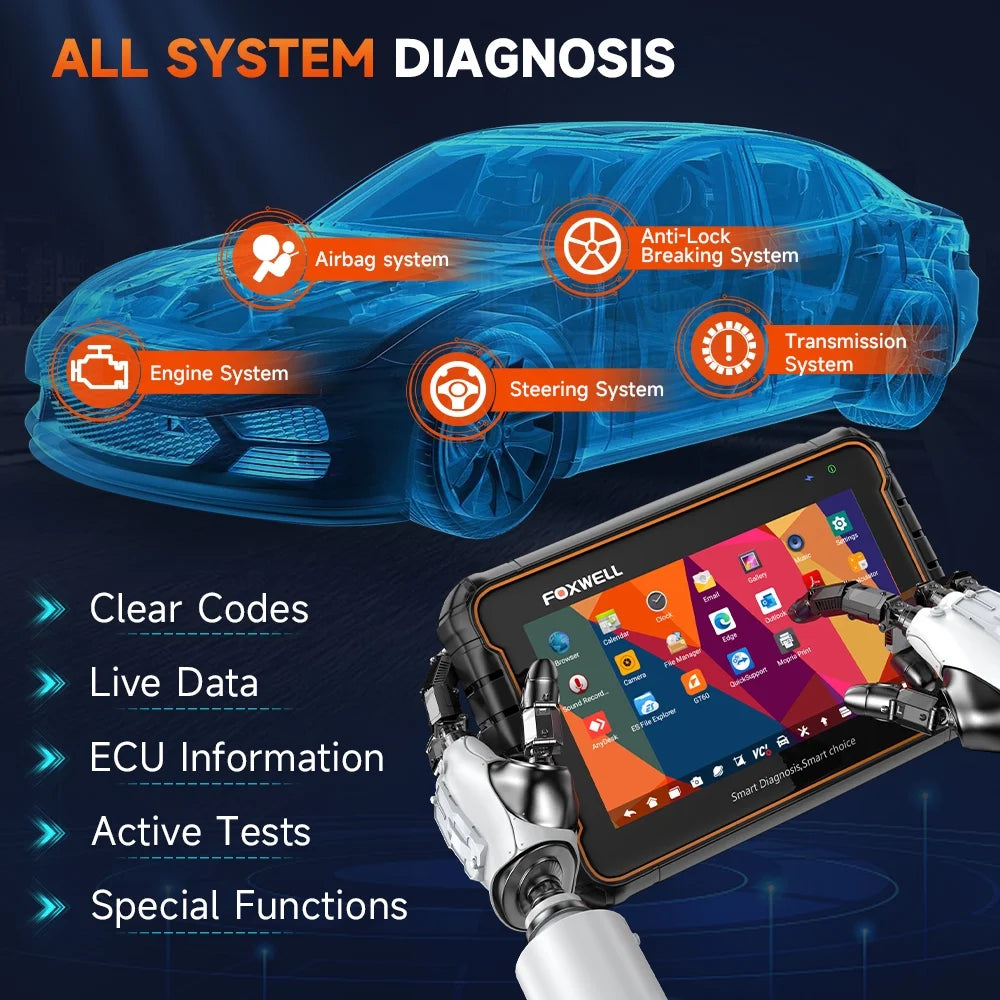 Scanner OBD2 Bluetooth Foxwell GT60, outil de diagnostic automobile pour tous les systèmes, 24 fonctions d’entretien, lecteur de codes défauts et outil de purge ABS