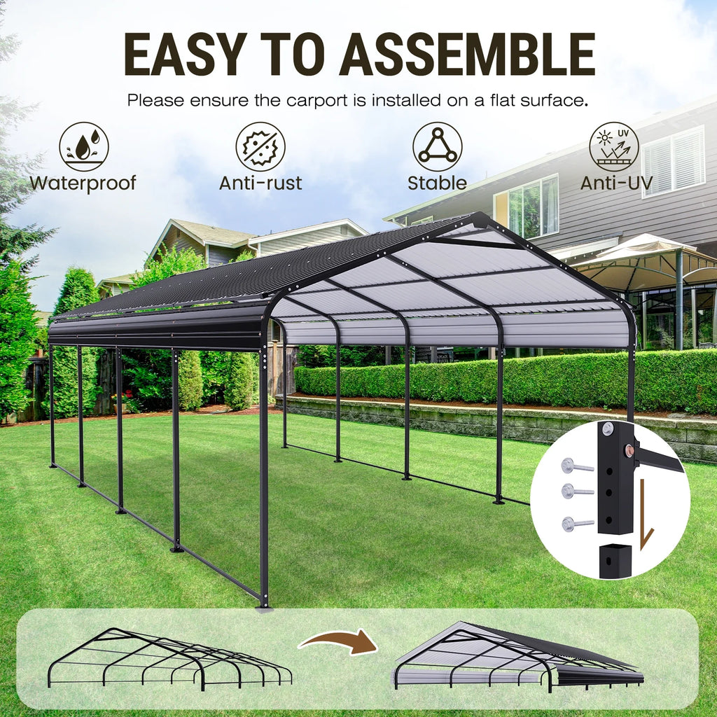 COBIZI Carport 10'x20' Grande tente pour voiture robuste avec structure en acier thermolaqué, garage portable avec parois latérales et portes amovibles, auvent pour voiture avec bâche toutes saisons pour fête en plein air, anniversaire, gris