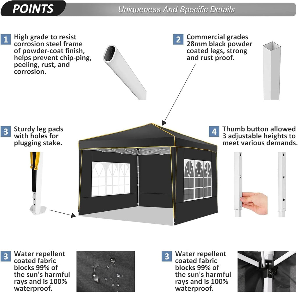 HOTEEL Chapiteau pop-up 10x10 avec murs latéraux, Tente imperméable pour fêtes et événements de mariage, Gazébo d'extérieur instantané avec sac de transport, piquets, cordes et sacs de sable, Noir
