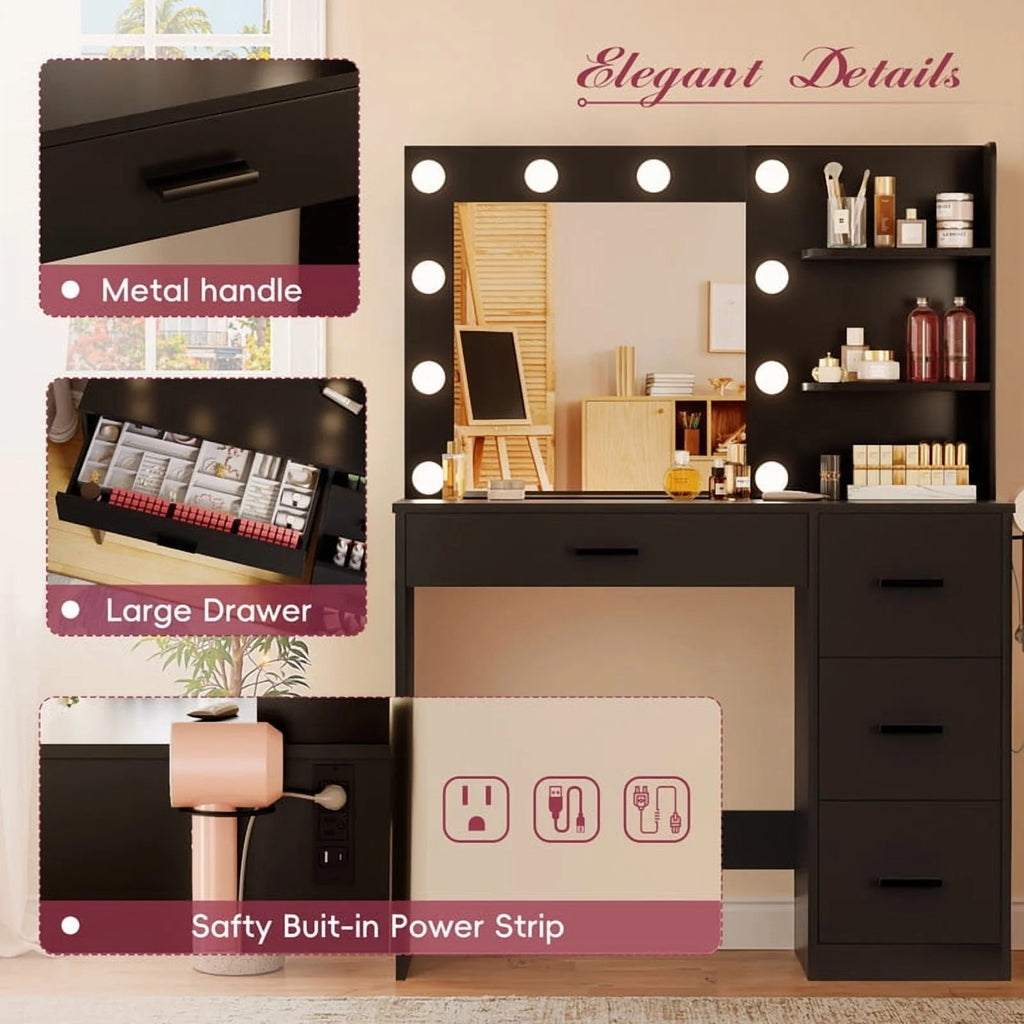 Coiffeuse Lacoo avec miroir et éclairage LED, coiffeuse de maquillage avec 7 tiroirs et 4 étagères, table de toilette avec prise électrique pour chambre ou dressing, blanc