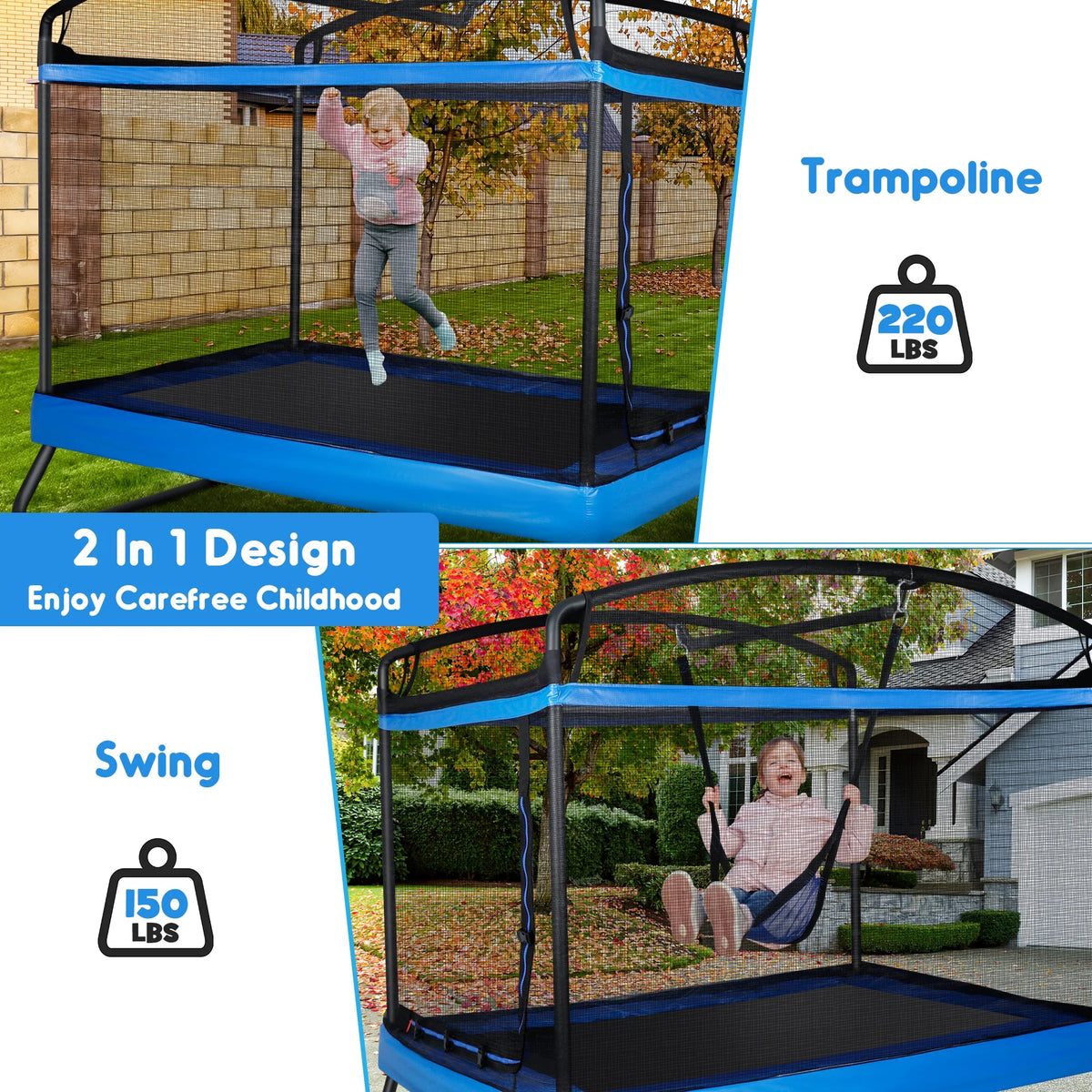 GIKPAL Trampoline pour enfants 3-en-1 avec balançoire, trampoline rectangulaire de 6 pieds pour tout-petits, intérieur/extérieur pour les 3 à 8 ans, tapis de saut robuste pour jouer dans le jardin, bleu
