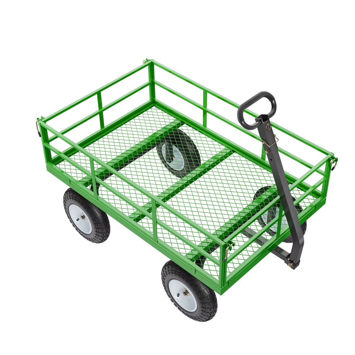 KFFKFF Chariot de jardin en acier grillagé 1200 Lbs, 43,3 x 29,5  Chariot utilitaire robuste, Chariot de jardin en métal à tirer avec pneus tout-terrain de 13', Côtés grillagés amovibles, Poignée pivotante 180° (Vert)