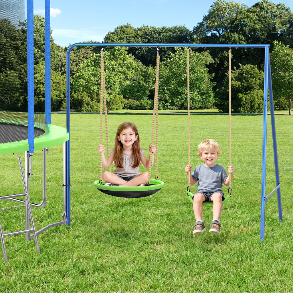 Trampoline de 12 pieds avec toboggan, balançoires, trampoline récréatif SEGMART avec panier de basket et échelle, trampoline d’extérieur robuste pour jardin avec filet pour enfants et adultes, vert