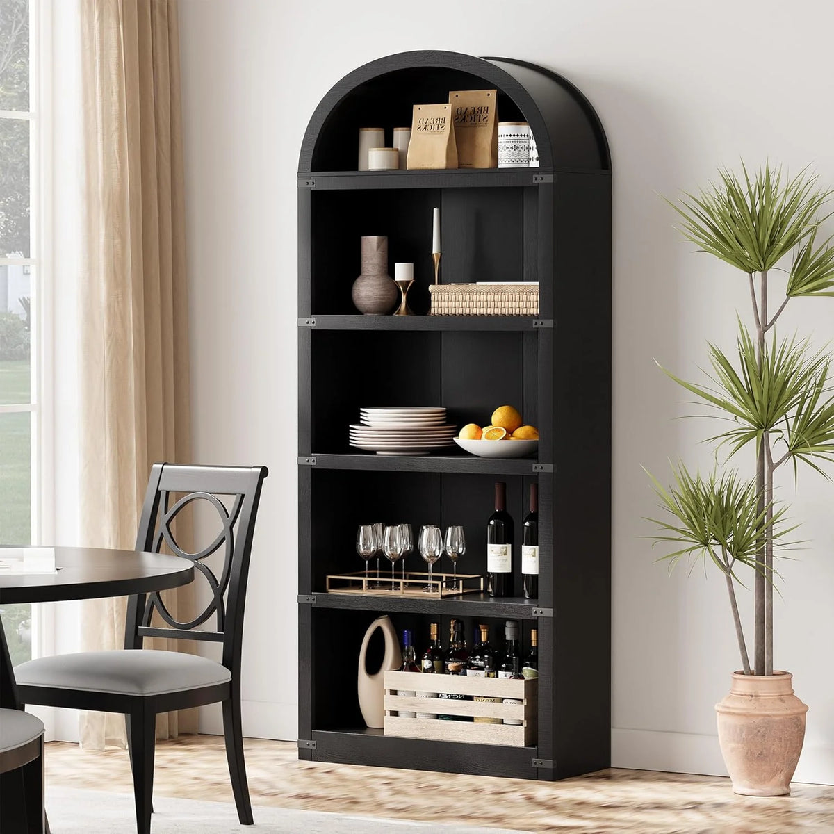 Bibliothèque à 5 étagères avec arche, 182 cm de haut, meuble de rangement et d’exposition de style rustique en bois pour bureau, salon ou maison (blanc)