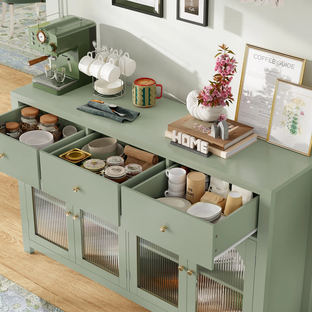 Homfa Grand buffet de 55'', meuble de rangement de cuisine avec 3 tiroirs et 4 portes vitrées, meuble bar en bois pour salon, blanc