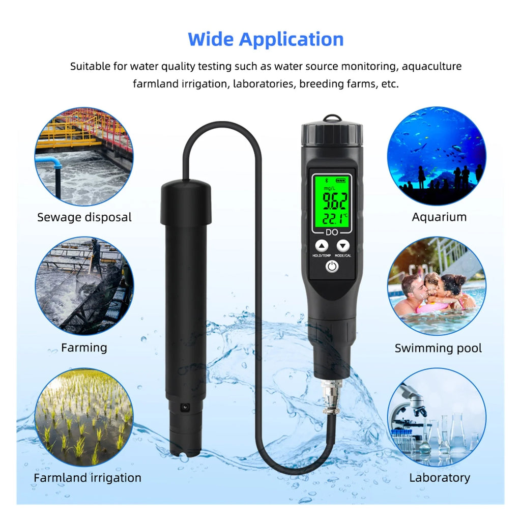 Oxymètre intelligent Bluetooth pour oxygène dissous 0,0-30,0 mg/L, détecteur numérique en ligne, testeur à électrode haute précision pour hydroponie, précis