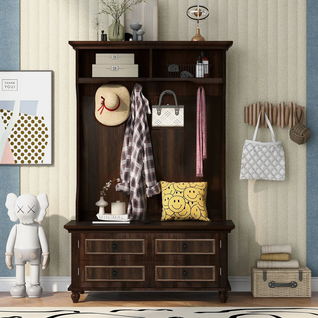 Vestiaire d’entrée avec banc rembourré et patères, banc d’entrée avec 3 crochets, 3 étagères ouvertes, 2 tiroirs et placards de rangement, banc de vestibule avec rangements et crochets pour entrée, vestibule ou couloir (beige)